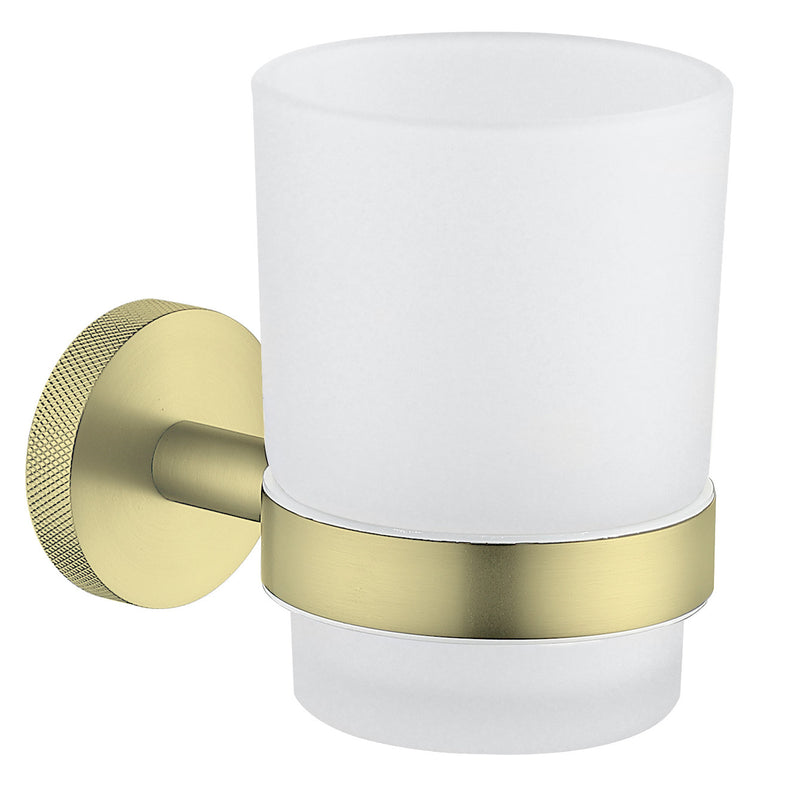 The White Space Pin Knurl tumbler and holder in brushed brass