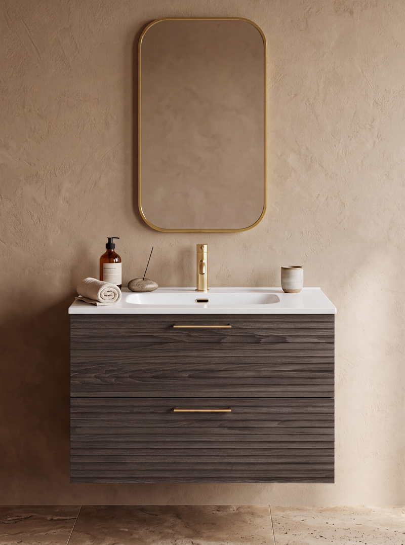 The White Space Rhythm 800mm floorstanding vanity unit in Lave Oak