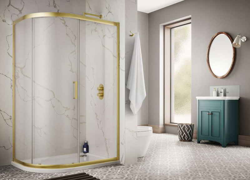 The White Space Sommer 8 Offset Quadrant Shower Enclosure Single Door lifestyle – brushed brass