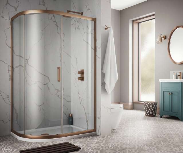 The White Space Sommer 8 Offset Quadrant Shower Enclosure Single Door lifestyle – brushed bronze