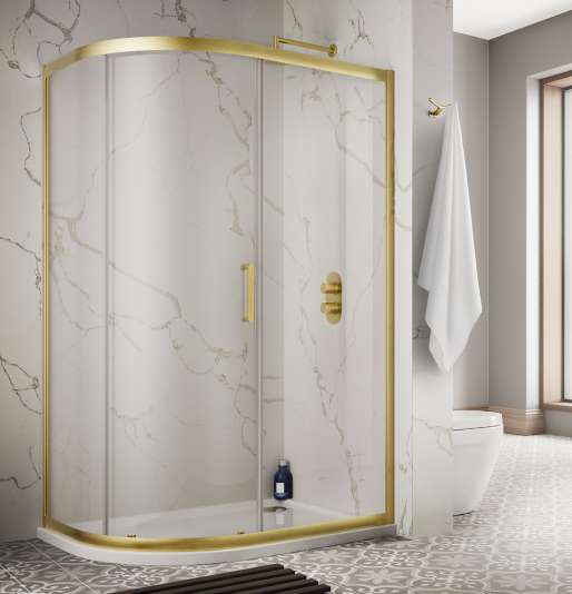 The White Space Sommer 8 Offset Quadrant Shower Enclosure Single Door lifestyle – brushed brass