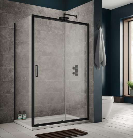 The White Space Sommer 8 Sliding Shower Door lifestyle – black