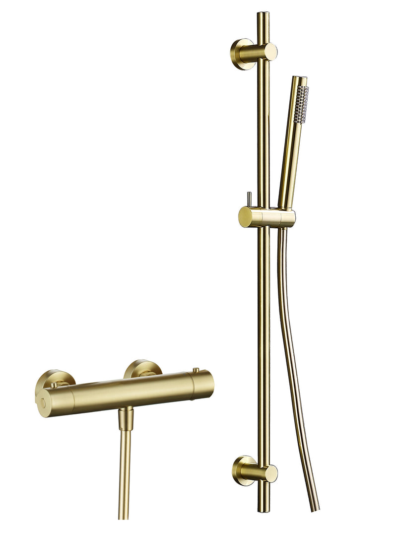 The White Space Yes Single Outlet Bar Valve Shower with Slide Rail – Brushed Brass – pencil handset