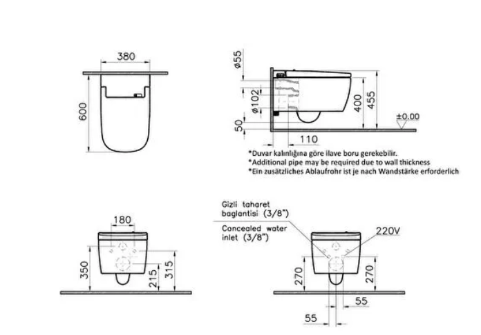 Vitra V-Care Comfort Intelligent Rimless Wall Hung Toilet (56740036104)