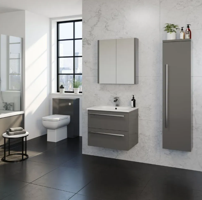 Kartell K-VIT Purity 600mm Wall Mounted 2 Drawer Unit & Mid Depth Ceramic Basin - Storm Grey Gloss (FUR026PU-FUR061PU)